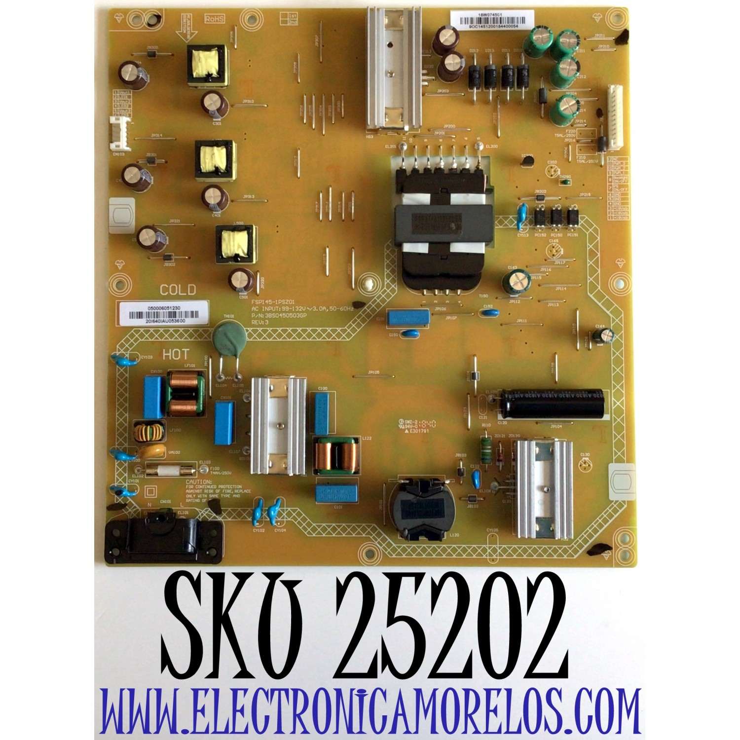 FUENTE DE PODER PARA TV SUNBRITE TV / NUMERO DE PARTE 0500-0605-1230 / 050006051230 / FSP145-1PSZ01 / 3BS0450503GP / MODELO SB-V-43-4KHDR-B